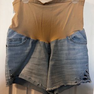 Indigo Blue Maternity Jean Shorts Over Belly 1x